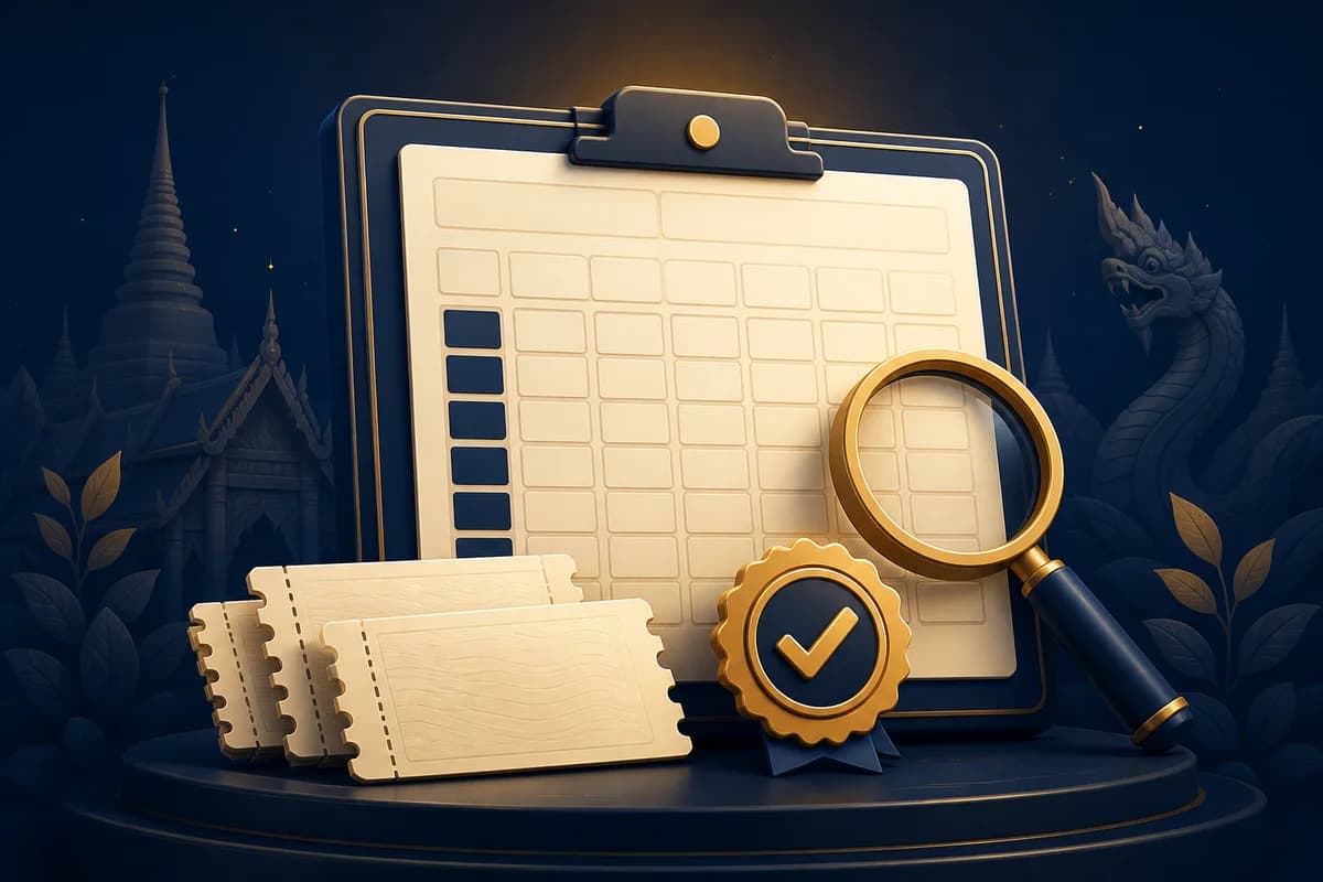 ภาพประกอบใบตรวจผลรางวัล แว่นขยาย และตรารับรองเอกสาร