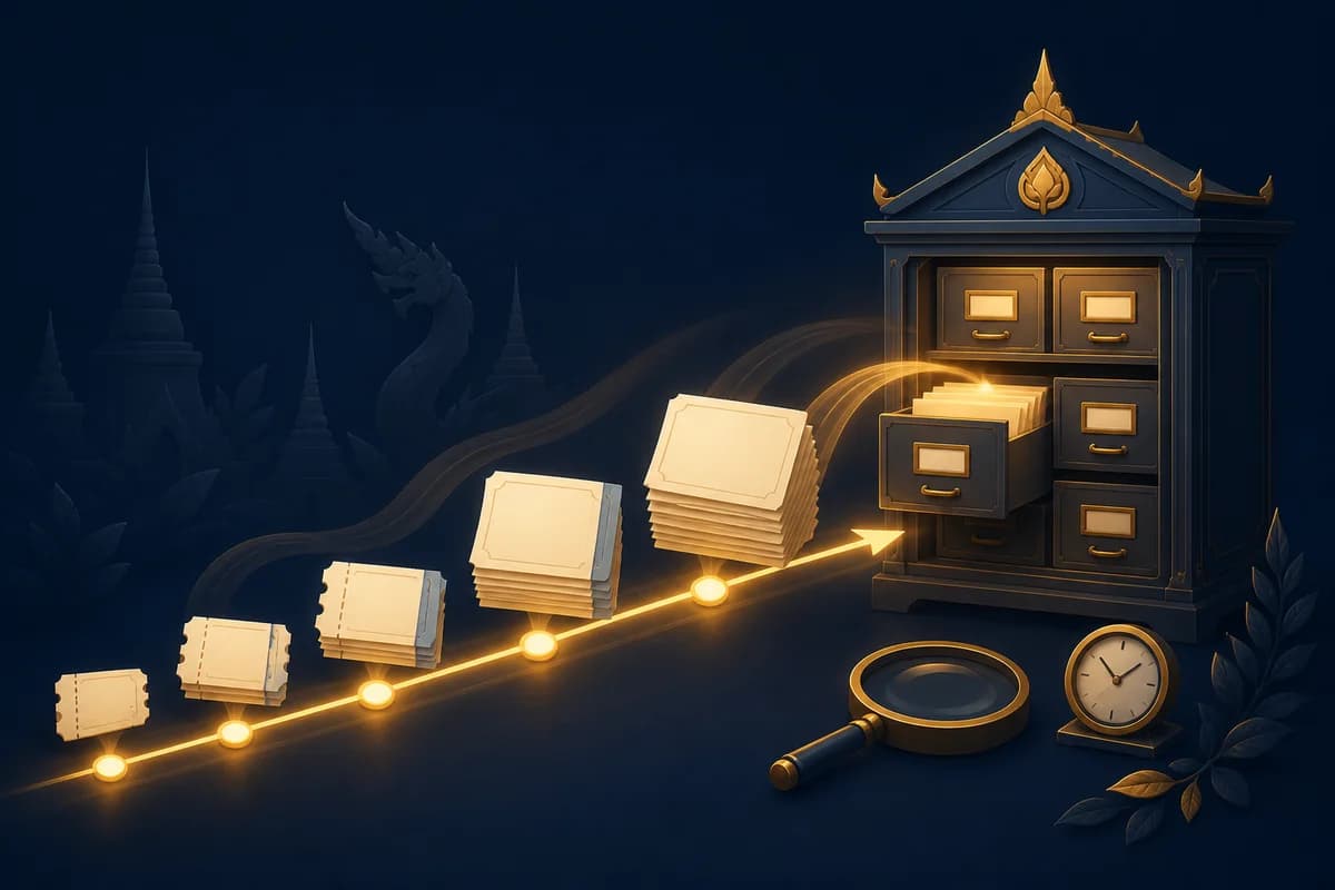 ภาพประกอบคลังผลย้อนหลังและแว่นขยายสำหรับวิเคราะห์สถิติหวย