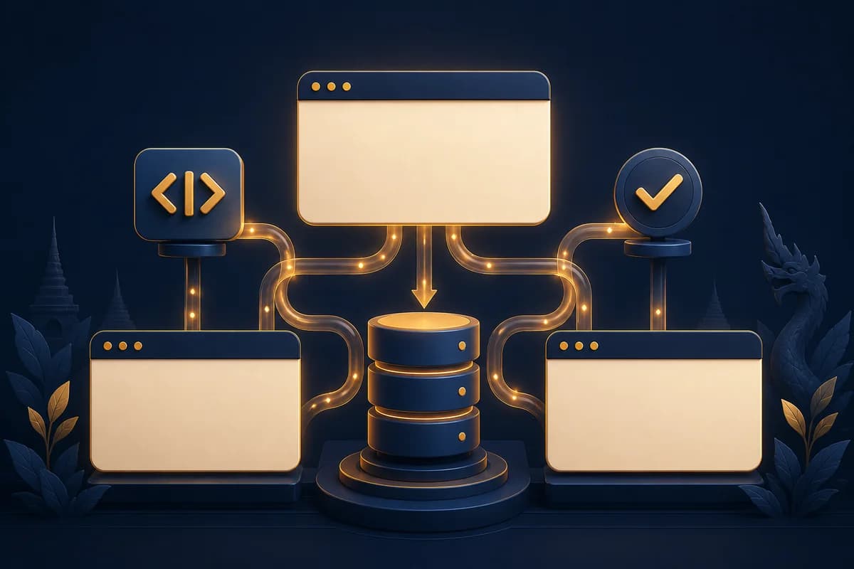 ภาพประกอบวิดเจ็ตหลายหน้าจอเชื่อมกับฐานข้อมูลและ API